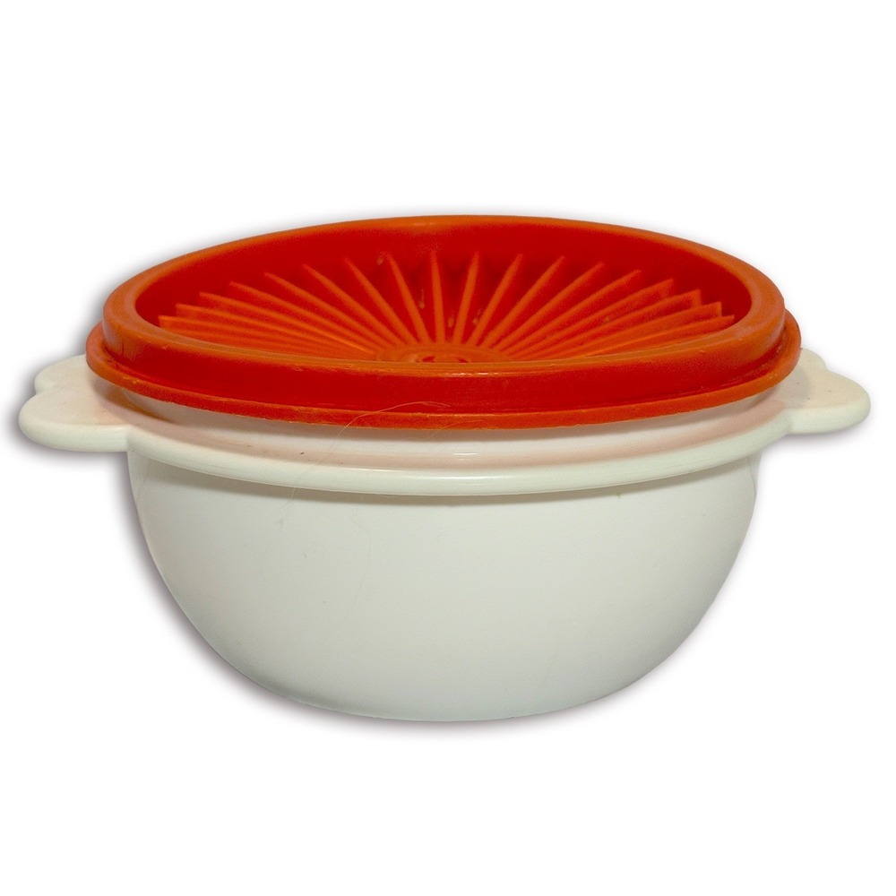 Vintage Tupperware Servalier Bowl 16oz White Orange Sunburst Lid 500ml Retro